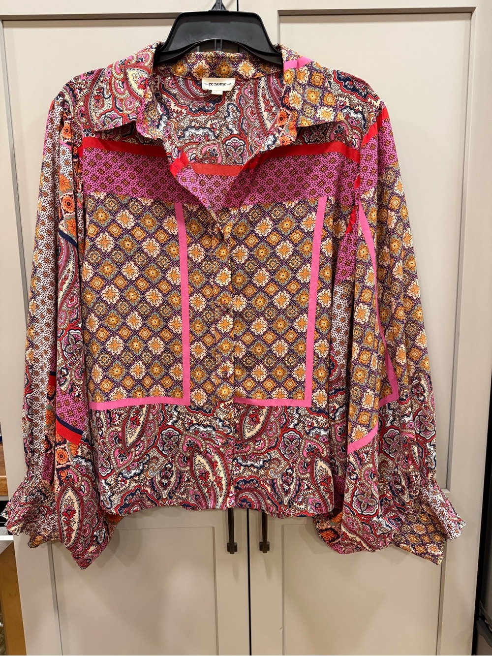 eesome Multicolor Paisley Button-Up Blouse with Pink and Red Accents